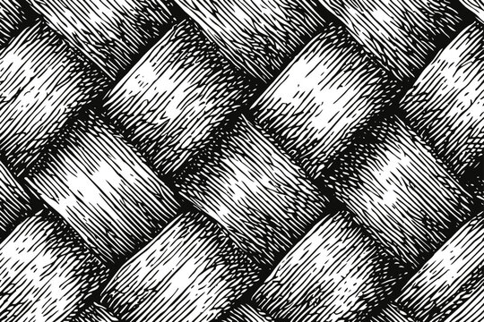 Hand drawn black and white woven basket texture vintage pattern with intricate crosshatch lines and shading