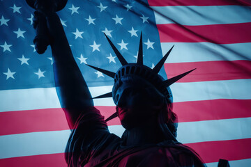 Naklejka premium Statue of liberty and american flag symbol of freedom and independence with dramatic lighting and patriotic colors for usa