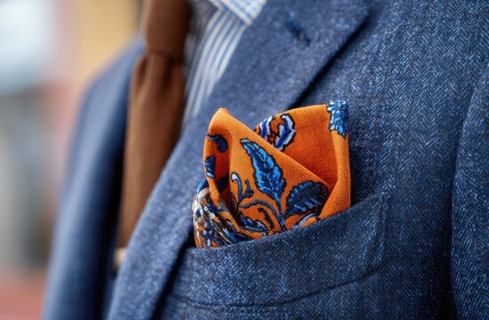 Bright orange patterned pocket square peeking from a textured blue suit lapel