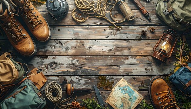 Top view of hiking gear on rustic wooden table with map boots and lantern for adventure trip planning. AI Generative