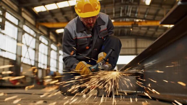 Young caucasian man, hard hat, safety glasses, heavy jacket, kneels operating angle grinder, brilliant sparks, industrial workshop, chiaroscuro effect. Gritty industrial process