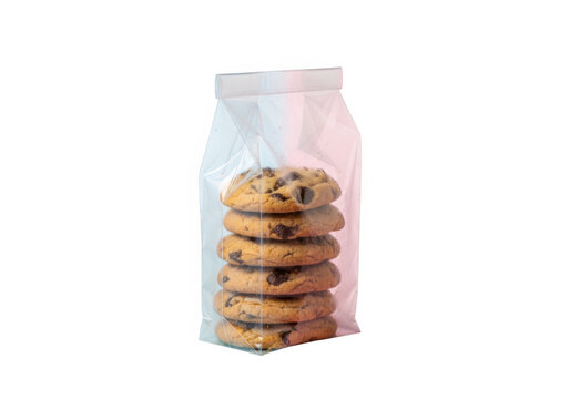 Stack of chocolate chip cookies in a plastic bag isolated on transparent background
