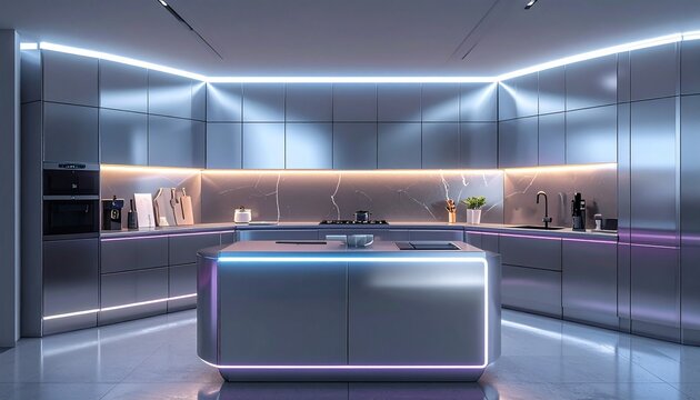 Modern sci-fi kitchen with metallic island, neon LED cabinet outlines, reflective backsplash, cinematic soft glow, clean minimal luxury design, photorealistic 8K interior rendering