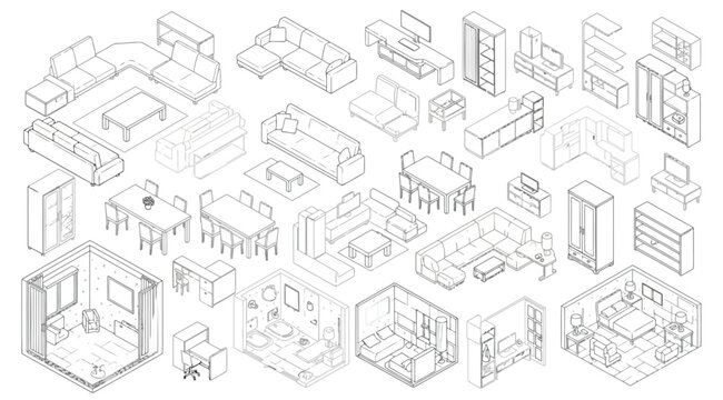 Isometric furniture collection for interior design, 3d vector illustrations