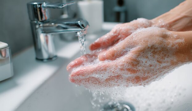 Person washing soapy hands under running water in a clean sink