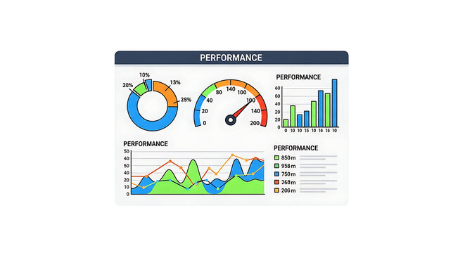 Business performance metrics, infographic charts, data analysis dashboard, graph and gauge