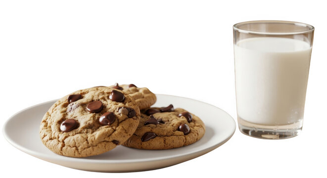 Plate of cookies with a glass of milk on a table isolated on transparent background