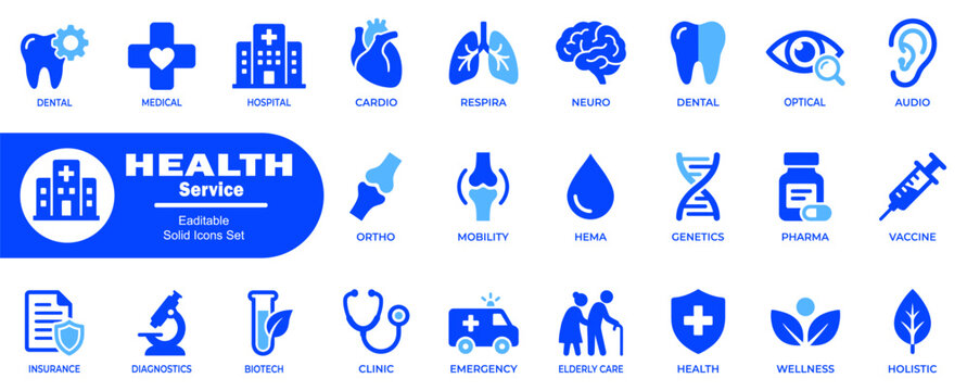 Eaditable solid icons set health service concept. Including medical hospital, cardio, dental, optical, audio, mobility, genetics pharma, vaccine, insurance, diagnostics, biotech clinic emergency.