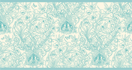 Naklejka premium Vintage Art Nouveau horizontal border with fairies, gnomes and floral scrolls in teal line art