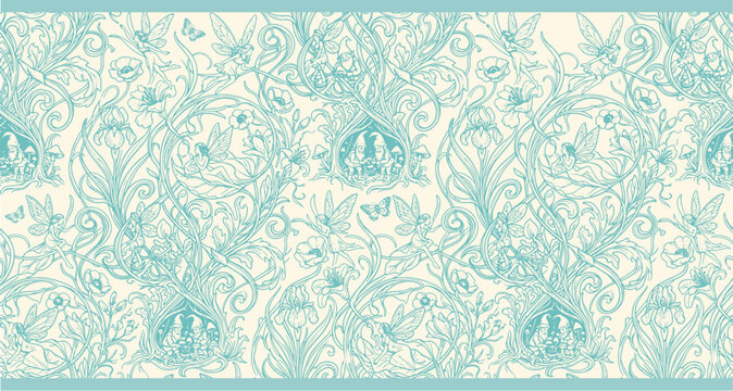 Vintage Art Nouveau horizontal border with fairies, gnomes and floral scrolls in teal line art