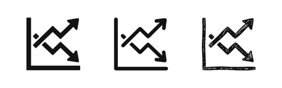 Stock market analysis chart icon set showing growth and decline with arrows in various styles