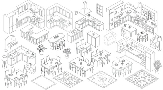 Set of isometric kitchen furniture and dining room elements