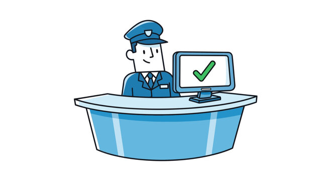 Security guard at checkpoint with computer and checkmark