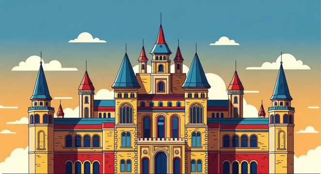 Colorful Fantasy Castle with Tall Spires and Turrets.