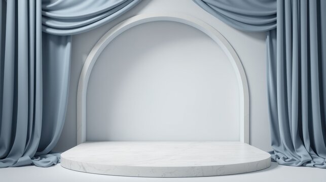 Elegant stage setup. White pedestal, arched backdrop, draped blue curtains. Minimalist design, perfect product display. Soft lighting creates calm ambiance.