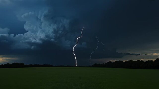 Lightning storm over green field for outdoor lifestyle brands and nature documentaries