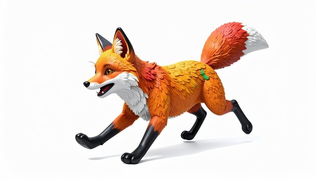 Playful 3D fox sliding or jumping, exaggerated motion, cute smile, glossy texture, bright colors, isolated on white background, soft shadow, clean composition, no text