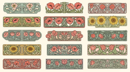 Set of art nouveau floral decorative borders and frames with poppies, sunflowers, and tulips © Saharia
