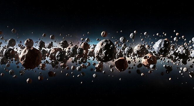Many grey asteroids and space rocks floating in the dark deep void of the galaxy during a cosmic travel. astroid belt