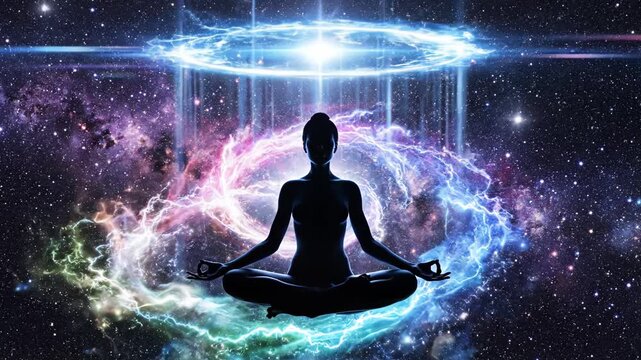 Silhouette of person meditating in space symbolizing digital transformation and future innovation