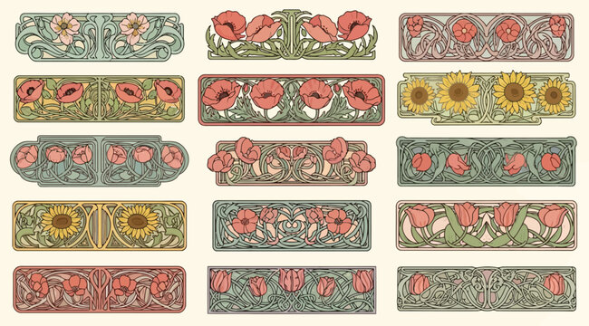 Set of art nouveau floral decorative borders and frames with poppies, sunflowers, and tulips