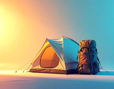 Camping tent with hiking backpack standing on flat snowy ground under soft gradient sunrise sky colors. AI Generative