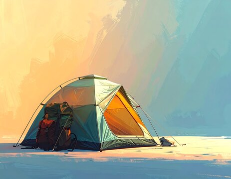 Illustrated camping tent with hiking backpack standing on ground during golden hour under soft light. AI Generative