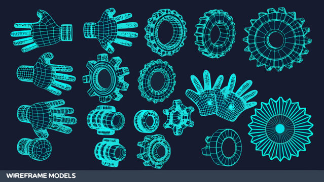 cyan wireframe models of hands and gears arranged on a dark background 3d rendering high quality professional detailed