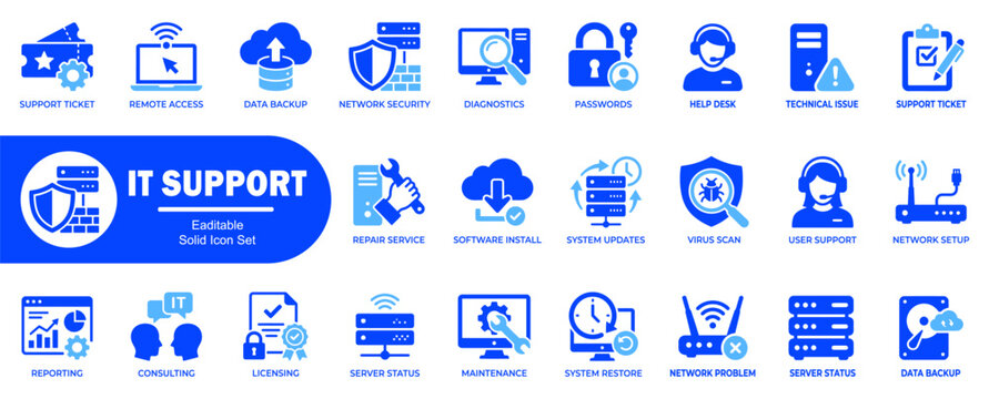 Eaditable solid icon set for it support. includes computer, help, desk, data backup, network security, and technical issues icons for web.