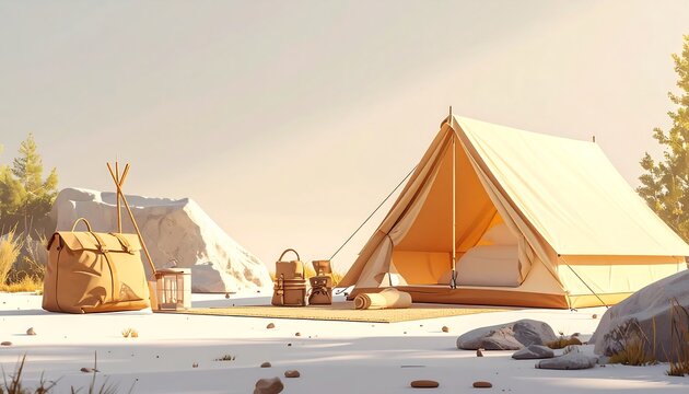 Canvas camping tent with travel bags and accessories placed in serene sunny winter mountain landscape. AI Generative