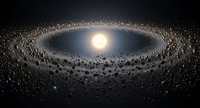 Bright glowing star surrounded by a large ring of many rocky asteroids in deep dark outer space. astroid belt