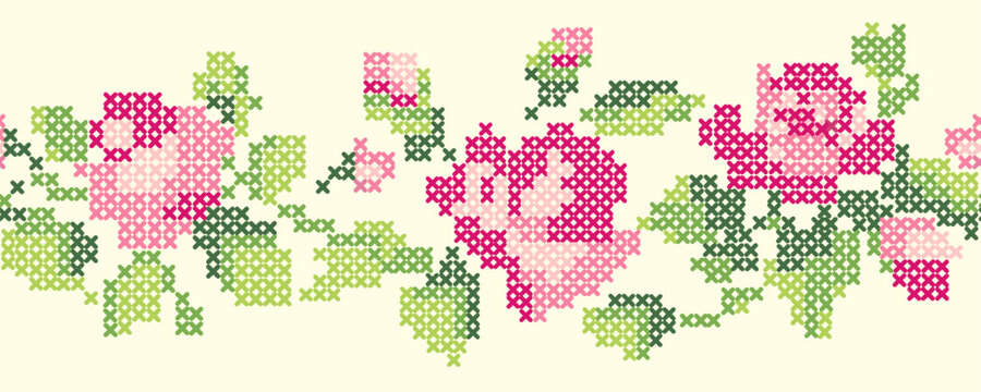 Vintage Cross Stitch Floral Border Seamless Pattern Rose Embroidery Cottagecore Lace Vector