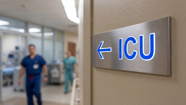 ICU intensive care unit directional sign mounted in hospital corridor guiding patients and medical staff toward critical care facility for emergency clinical treatment and life support management