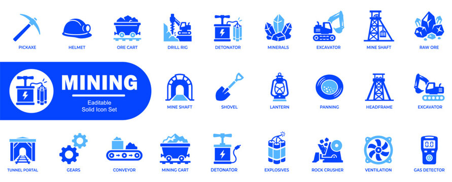 Mining industry editable solid icon set for exploration extraction and processing of natural resources in resources sector collection.