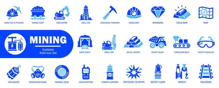 Comprehensive mining industry editable solid icon set. Featring resource extraction exploration and heavy machinery equipment collection.
