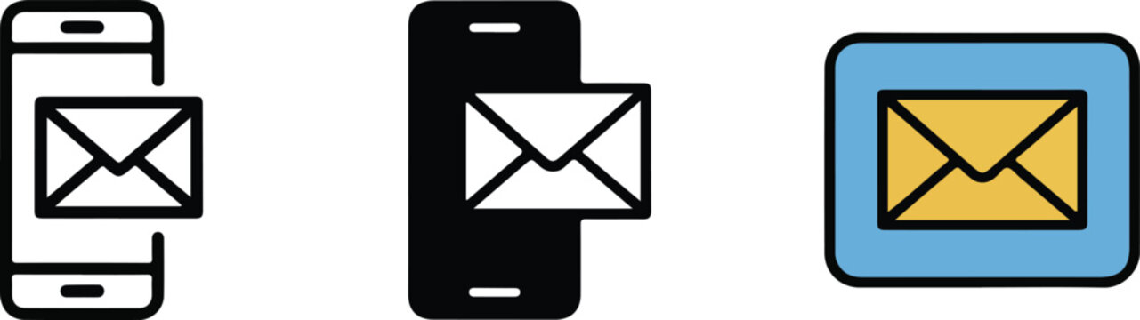 Mobile Email Communication Vector Icon Set Featuring Smartphone and Envelope Symbols for Digital Marketing Messaging Services and Mobile Application Interface Designs,