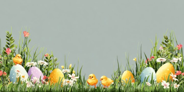 Cheerful spring scene with painted eggs, blooming flowers, and fluffy chicks