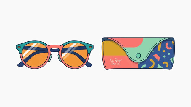 A stylish pair of sunglasses and their matching case are artfully displayed. This vector illustration showcases the design and the elegance of the accessory. 