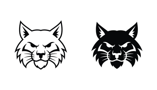 Fierce bobcat head mascot icon in black and white line art and solid silhouette for sports team branding or vector graphic design