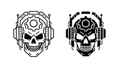 Cybernetic robotic skull with mechanical gears and headphones vector illustration for science fiction and futuristic technology branding © Maya