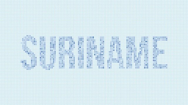 Suriname dotted map animation. Digital style shape of the country. Suriname shape and title dots appear with bulb flickering effect. Intro, outro, logo, title video.