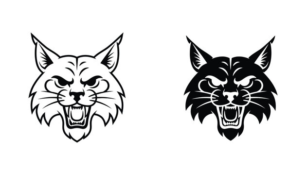 Fierce bobcat head mascot vector illustration featuring aggressive facial expression in black and white line art and solid silhouette for sports teams