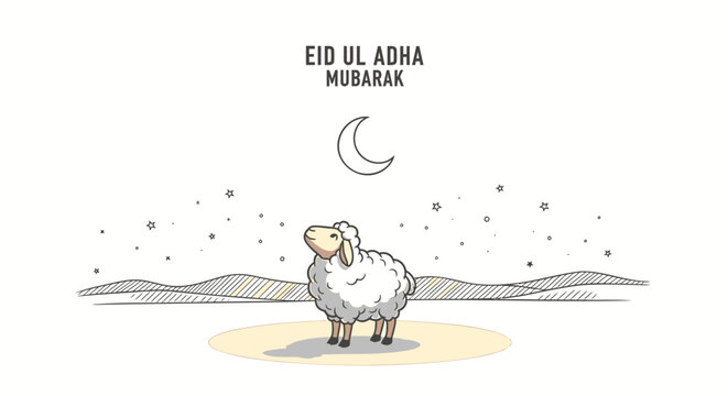 Eid Mubarak, Islamic Holiday, Sheep Illustration, Crescent Moon, Starry Night Sky