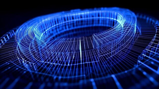 Luminous blue wireframe structure representing a digital torus rotating on a dark background, illustrating concepts of futuristic technology, data processing, and engineering design