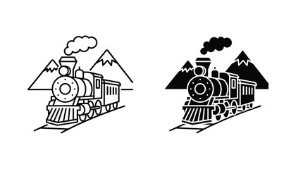 Steam locomotive train with mountains background icon set in line art and solid black vector design © Maya