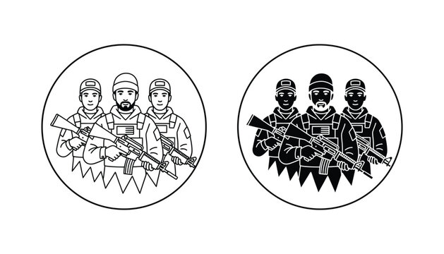 Group of armed soldiers in tactical gear circle emblem vector