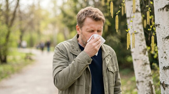 Man sneezing into tissue outdoor in park. Adult suffering from seasonal spring allergy or cold symptom near birch tree. Health problem and illness concept with pollen issue.