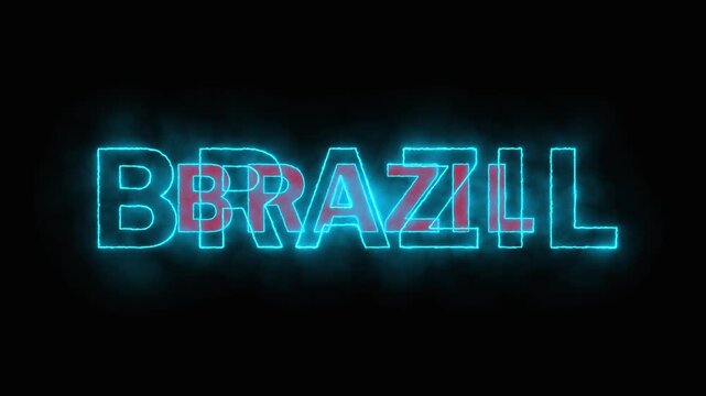 Glowing neon outline of the word BRAZIL with red fill and smoke effect on a black background appearing and disappearing, country name, national identity, travel, or global communication
[185]