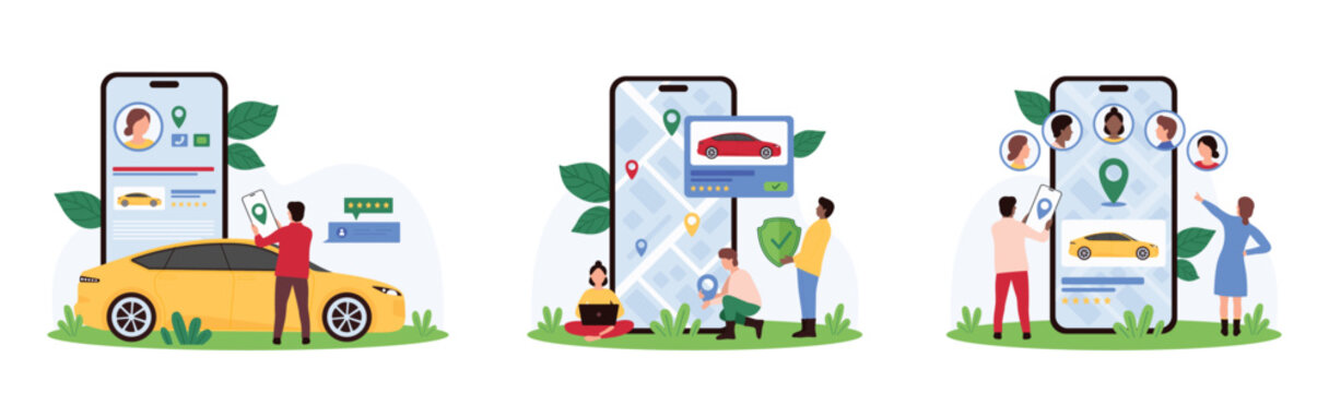 Rental and carsharing service set. Tiny passengers hire taxi cab for city travel, people pin location on smartphone screen map and share automobile parking in mobile app cartoon vector illustration