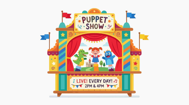 A vibrant and colorful puppet show stage set, featuring adorable puppets, flags, and decorative elements creating an immersive theatre experience. 